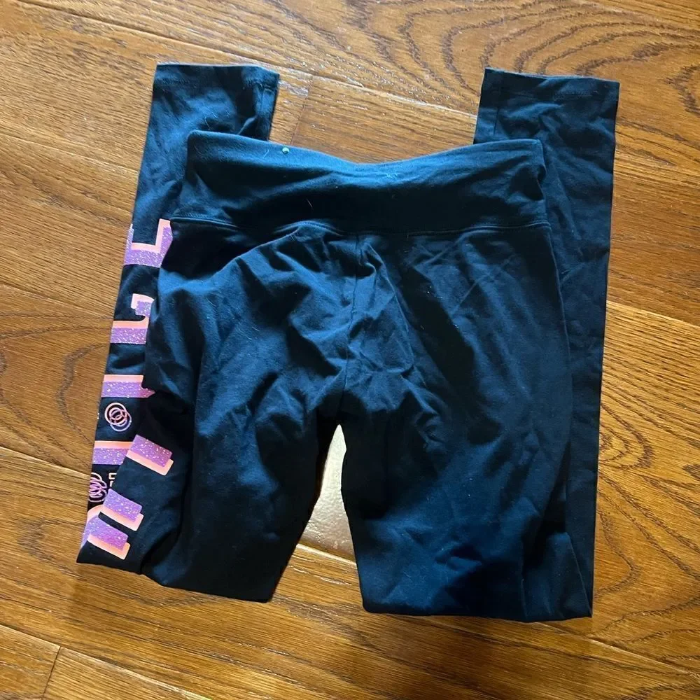 Justice (NWT) black leggings with purple & orange glitter letters size L 10/12